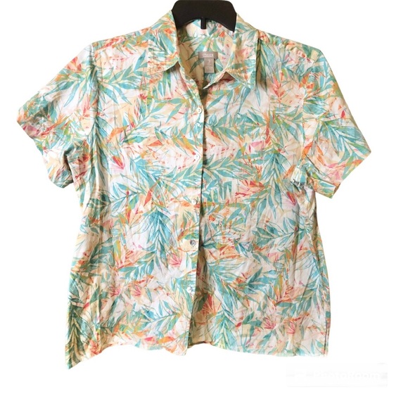 Chico’s bamboo Tropical Leaf Print button front shirt blue 3 Large - Picture 1 of 6